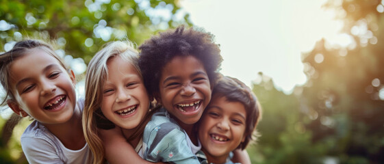Children's laughter echoes in the air, their faces a tapestry of joy and youthful camaraderie in the soft sunlight