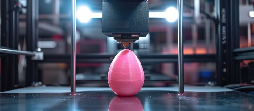 Front view of a dark, technical-looking FDM 3D-printer manufacturing a pink Easter egg sculpture. Background blurred.