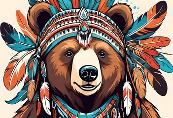 Bear. Portrait of vector animal wearing traditional indian headdress with feathers. Tribal style illustration for little children clothes. Image for kids tee fashion, posters - obrazy, fototapety, plakaty