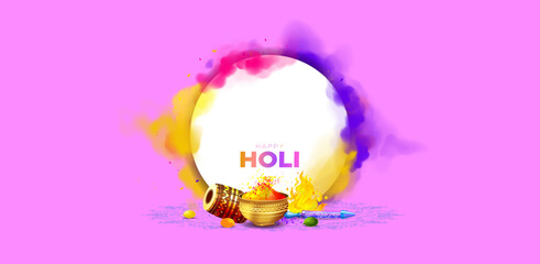 Fototapeta na wymiar Vector illustration of indian Holi and holika dahan festival. Template design for advertising marketing and sale promotion. Colorful holi color splash background around circular frame.