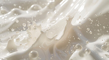 a white milk splash on a background with bubbles in t - obrazy, fototapety, plakaty