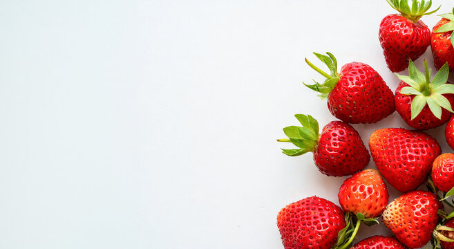 Jolies fraises en gros pan sur le c&ocirc;t&eacute; droit de l'image, espace libre pour &eacute;crire