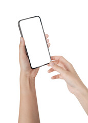 Hand holding smartphone with blank screen isolated on white background. - obrazy, fototapety, plakaty