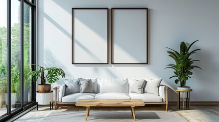 Fototapeta premium an empty picture frame hangs on the coloured wall in a modern room