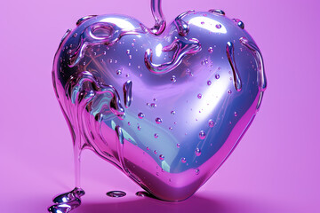 Chrome heart in y2k style with holographic liquid. Trendy Valentine's Day card