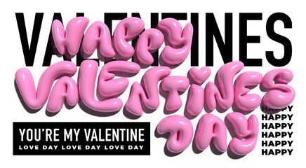 Valentine's day design with pink letters. Realistic 3d bubble text.  Holiday banner, web poster, flyer, stylish brochure, greeting card, cover. Romantic background - 729487668