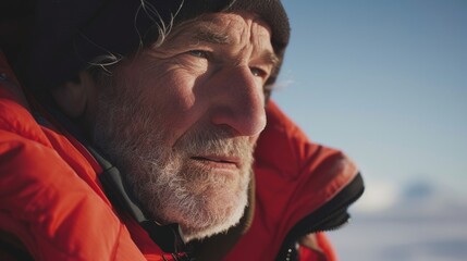 Close-up Portrait Shot of senior Polar Adventurer in Warm Jacket with Fur Hood. It is Snowy and Windy