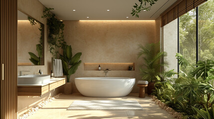 A pristine bathroom with a freestanding tub, surrounded by neutral tones and accented by a subtle hint of greenery. 