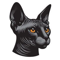 Sphynx cat. Gray and yellow vector illustration. Sketch,  engraving line art. isolated object, logo, emblem, icon