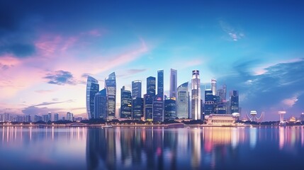 Fototapeta premium skyline with skyscraper of big city in twilight and reflection on water