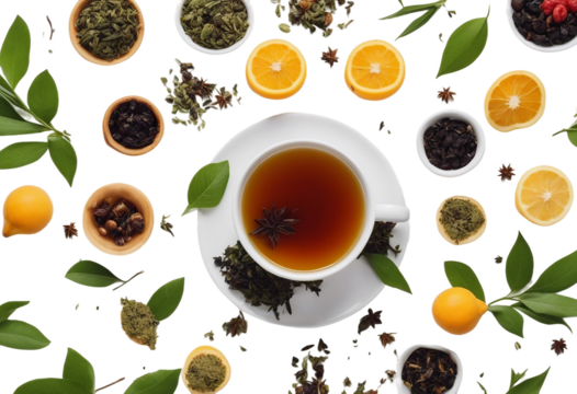 Creative layout made of cup of tea green tea black tea fruit and herbal tea on white background Flat