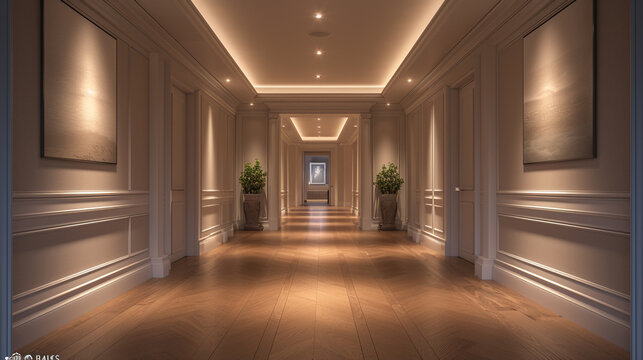 A pristine hallway with polished hardwood floors, a single piece of wall art, and recessed lighting creating a sense of understated luxury. 