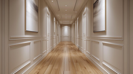 A pristine hallway with polished hardwood floors, a single piece of wall art, and recessed lighting creating a sense of understated luxury. 