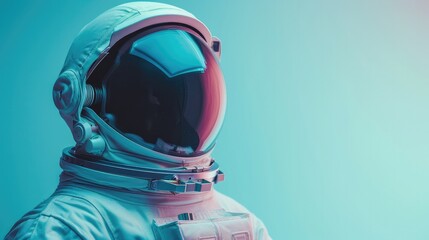 The head of an astronaut on a blue background. Lighting is changing. Helmet.Generative AI