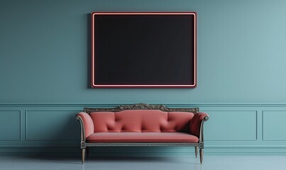 sofa with empty picture frame hanging behind.Generative AI