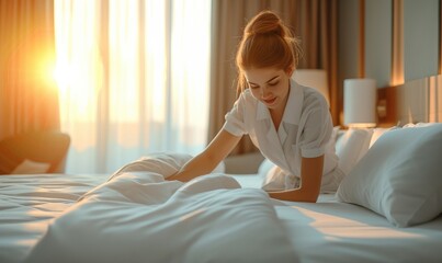 Young maid making bed in light hotel room.Generative AI - obrazy, fototapety, plakaty