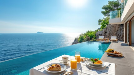 Obraz premium Breakfast tray in infinity swimming pool in resort, floating breakfast in luxury hotel with sea view. Exotic summer travel, holiday, vacation and weekend.