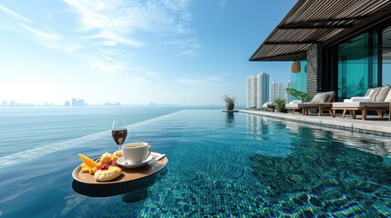 Breakfast tray in infinity swimming pool in resort, floating breakfast in luxury hotel with sea view. Exotic summer travel, holiday, vacation and weekend.