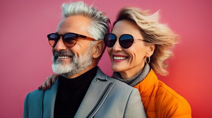 Obraz premium An older, middle-aged couple is happy, having fun and laughing indoor
