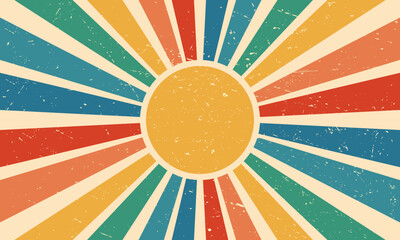 Retro colorful sun with rays on vintage background. Groovy banner, poster or postcard. Vector illustration.