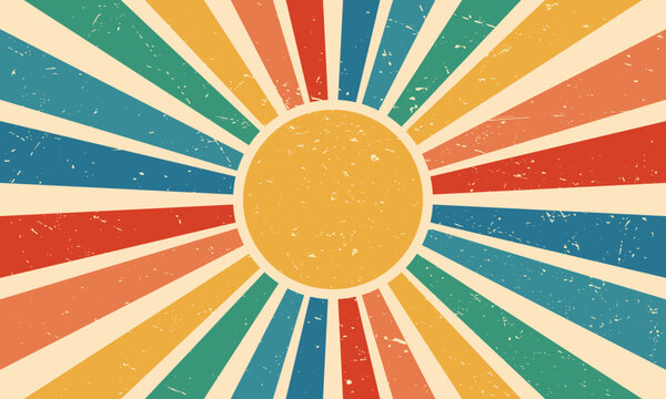 Retro colorful sun with rays on vintage background. Groovy banner, poster or postcard. Vector illustration.