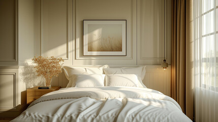 Fototapeta na wymiar A serene bedroom with a low-profile bed, crisp white linens, and subtle artwork on the walls. 
