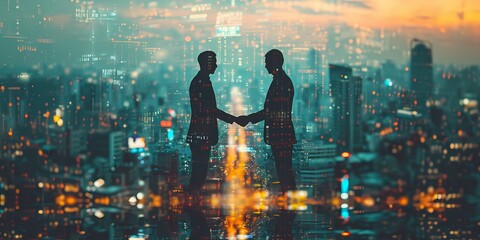 Amidst the towering buildings and vibrant city lights, two men seal a powerful deal with a handshake at the edge of the sunset-lit skyline