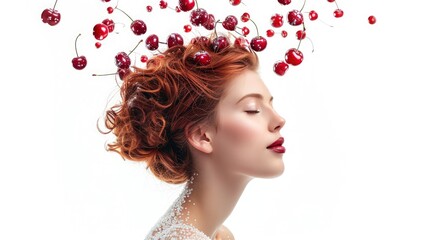 beautiful chocolate cherry hair girl isolated on white background