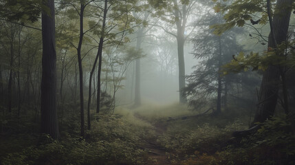 A beautiful background of a mystical forest shrouded in mist, ai generative