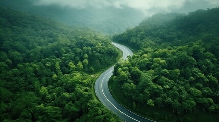 Fototapeta na wymiar Aerial top view of a beautiful curved road on green forest in the rainy season.