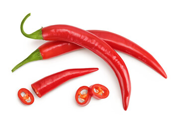 red hot chili pepper with slices isolated on white background. Top view. Flat lay.