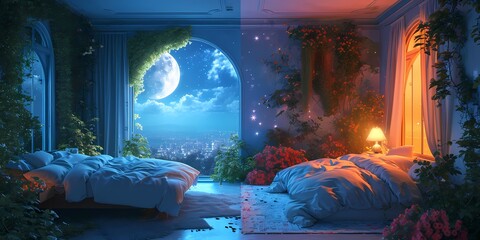 A serene christmas night in an indoor room, surrounded by lush plants and bathed in the soft majorelle blue light, with a breathtaking view of the moon and stars through the wall-sized window