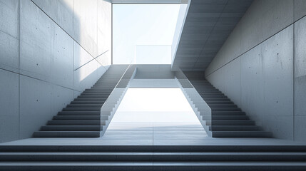 A stairwell with minimalist railings, allowing unobstructed views of the surrounding simple, clean lines. 