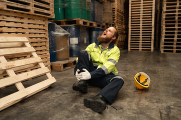 Mechanical engineer or businessman injured kneel pain at pallets warehouse	
