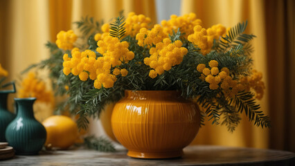 Bouquet of mimosa in an antique vase on a dark background