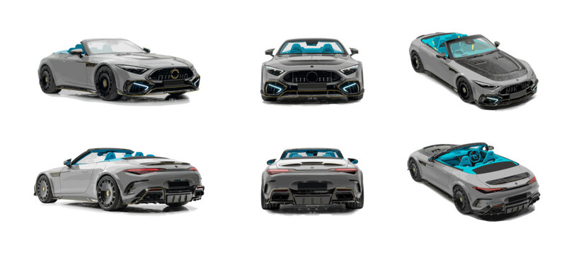 Mercedes-AMG SL R232 convertible car icons. Luxury convertible SL-Class. All view. Mansory tuning. Editorial isolated auto set. Mercedes AMG SL R232 convertible car. Vector icons