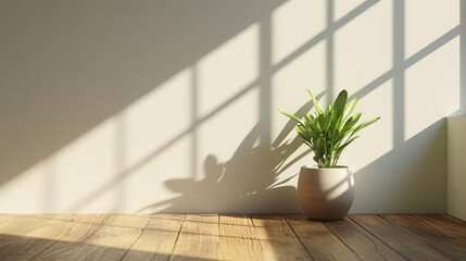 Fototapeta na wymiar A sunlit room with a single potted plant on a wooden table, casting shadows on a minimalist white wall. 