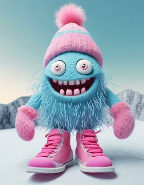 funny flurry blue monster with googlyeeyes having fun in snow