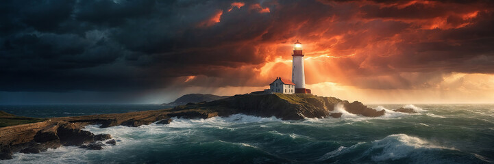 Lighthouse on the seaside, stormy sea with thunderclouds, the lighthouse beam shining far. The lighthouse as a symbol of hope.