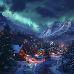 A picturesque winter wonderland glimmers with the soft glow of twinkling lights, nestled among the snowy trees as the aurora dances across the night sky over a quaint mountain town