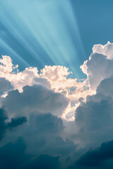 Fototapeta na wymiar golden rays, blue sky, fluffy white clouds, light through clouds, cinematic lighting 8k