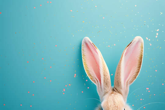 Easter greeting card with bunny ears on blue background.
