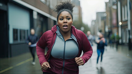 Afro-clad woman in sportswear jogs outdoors, embracing fitness on a cloudy day.