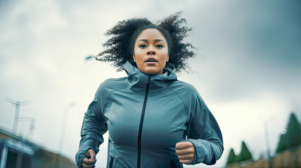 Afro-clad African woman runs, pursuing fitness on cloudy day.