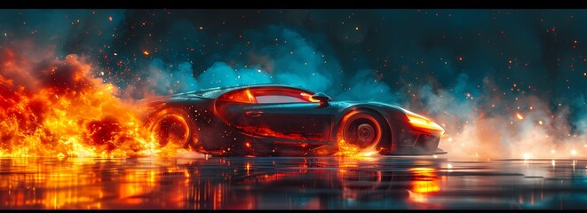 A blazing inferno consumes a sleek sports car, its once powerful wheels now reduced to smoldering ruins in the dark of the night, symbolizing the intense and destructive nature of both automotive des
