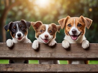 Adorable dogs of various breeds peek out from behind a wooden fence, their playful smiles radiating joy and companionship, capturing the essence of furry friendship and love