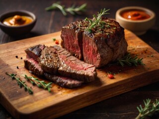 Exquisitely prepared restaurant-style baked beef, cooked to a perfect medium-rare, elegantly presented on a rustic wooden board adorned with fragrant aromatic herbs