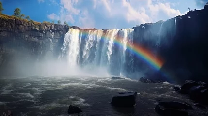 Fotobehang Bright rainbow over the waterfall © Jūlija
