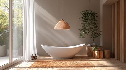 The simplicity of a bathroom with a freestanding tub, a single pendant light, and a seamless integration of natural elements.  - obrazy, fototapety, plakaty