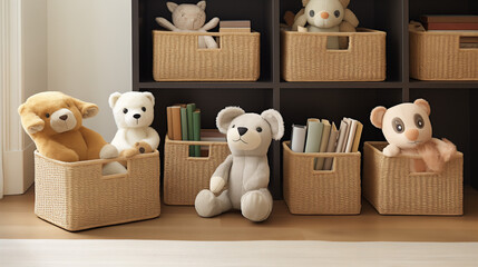   A set of woven wicker storage bins for organizing toy